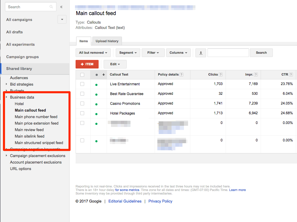 adwords callout feed