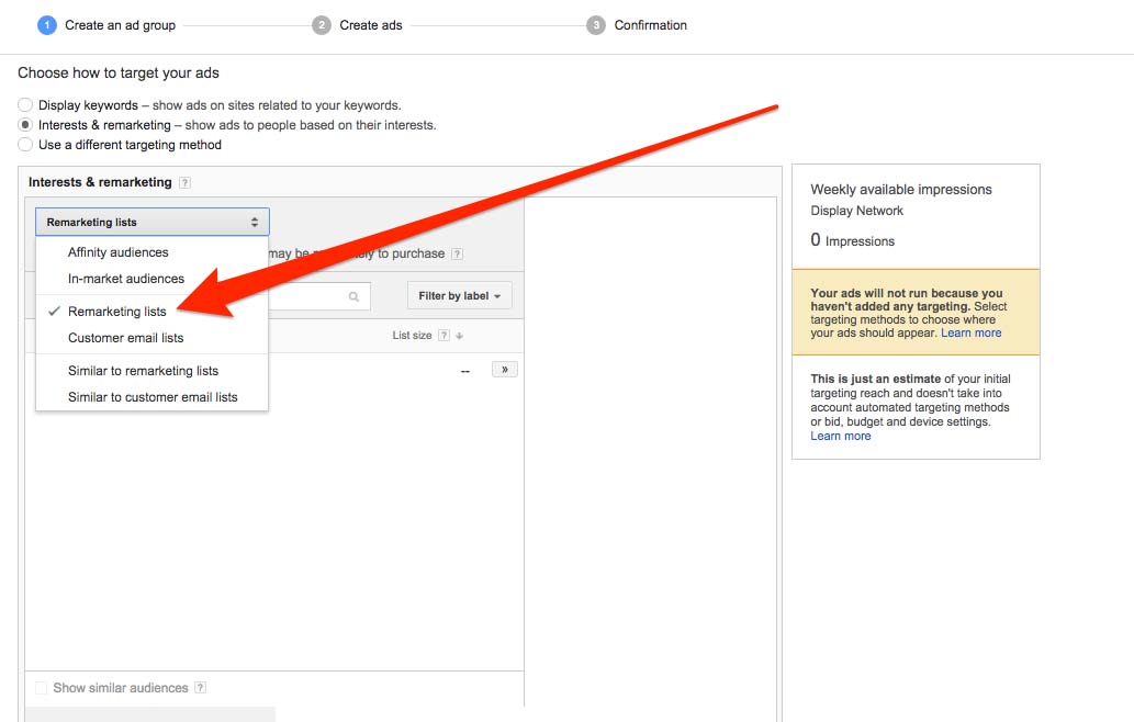 selecting your remarketing list google adwords
